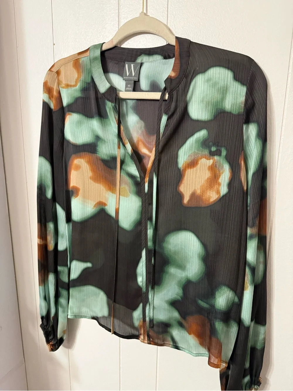 W by Worth Black Green and Brown Abstract Print Sheer Blouse